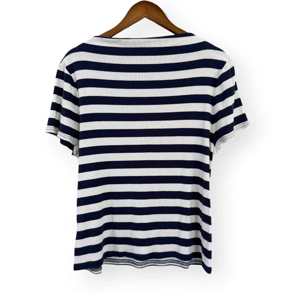 J. Crew Fine-Rib Fitted Navy White Striped Boatneck T-Shirt 2X Nautical BY387